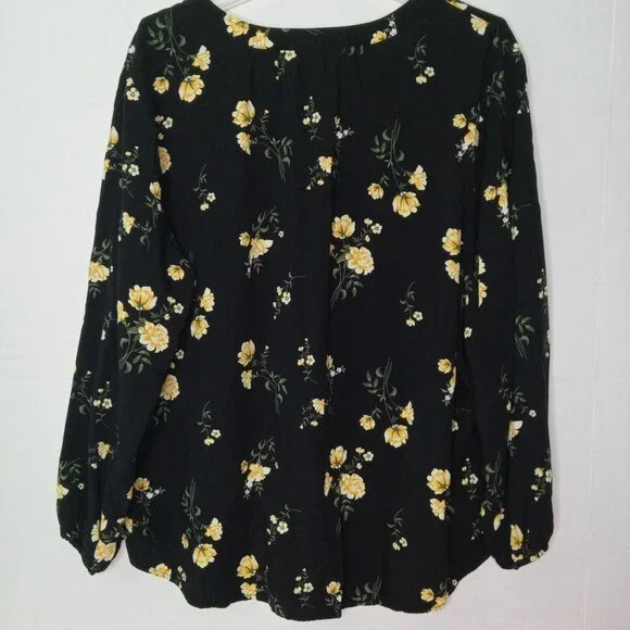 Old Navy XXL Top Black Yellow Floral Print Popover Shirt - Picture 9 of 13